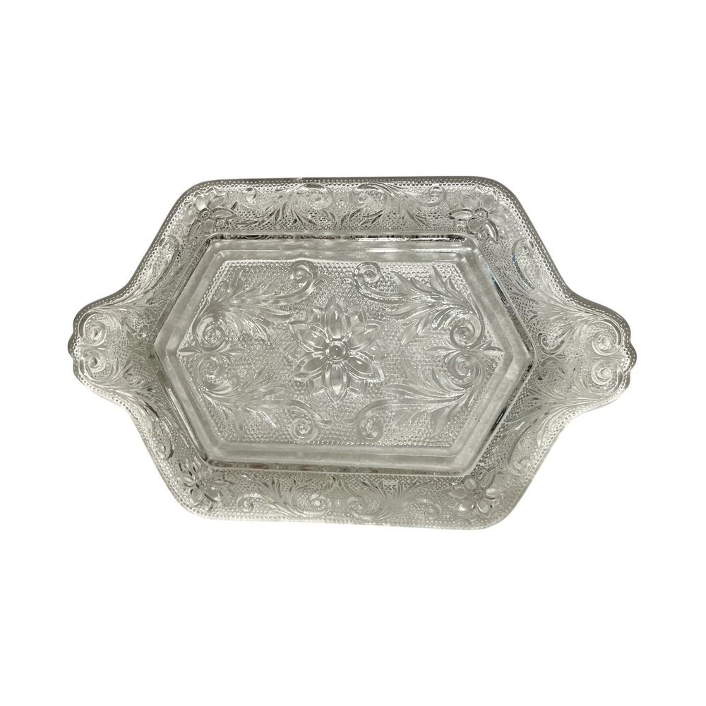 Clear Glass‎ Trinket Dish With Floral Designs 10"x6" Vintage
